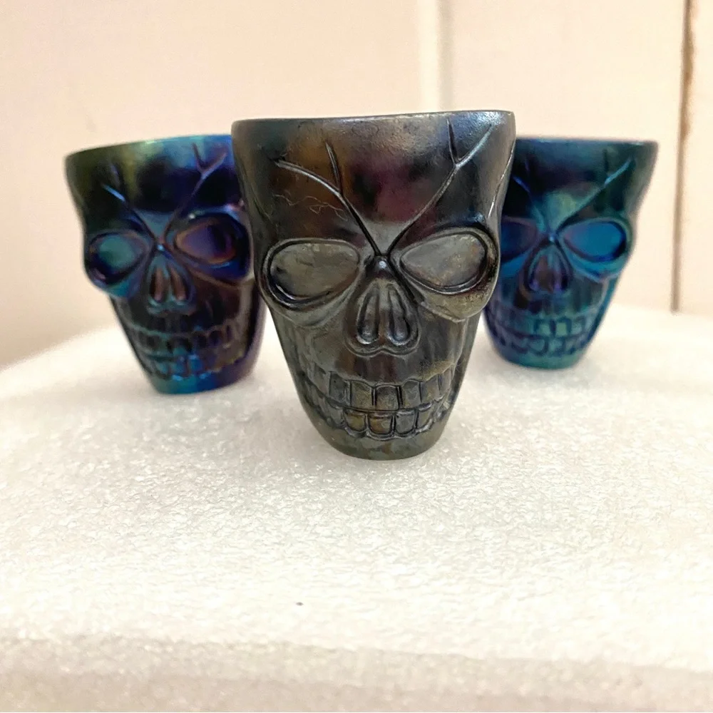 3 SKULL shot glass set iridescent double sided glass mini cup bar lot bundle set